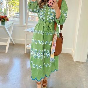 Green Embroidered Long Sleeve Midi Dress with Tie Waist